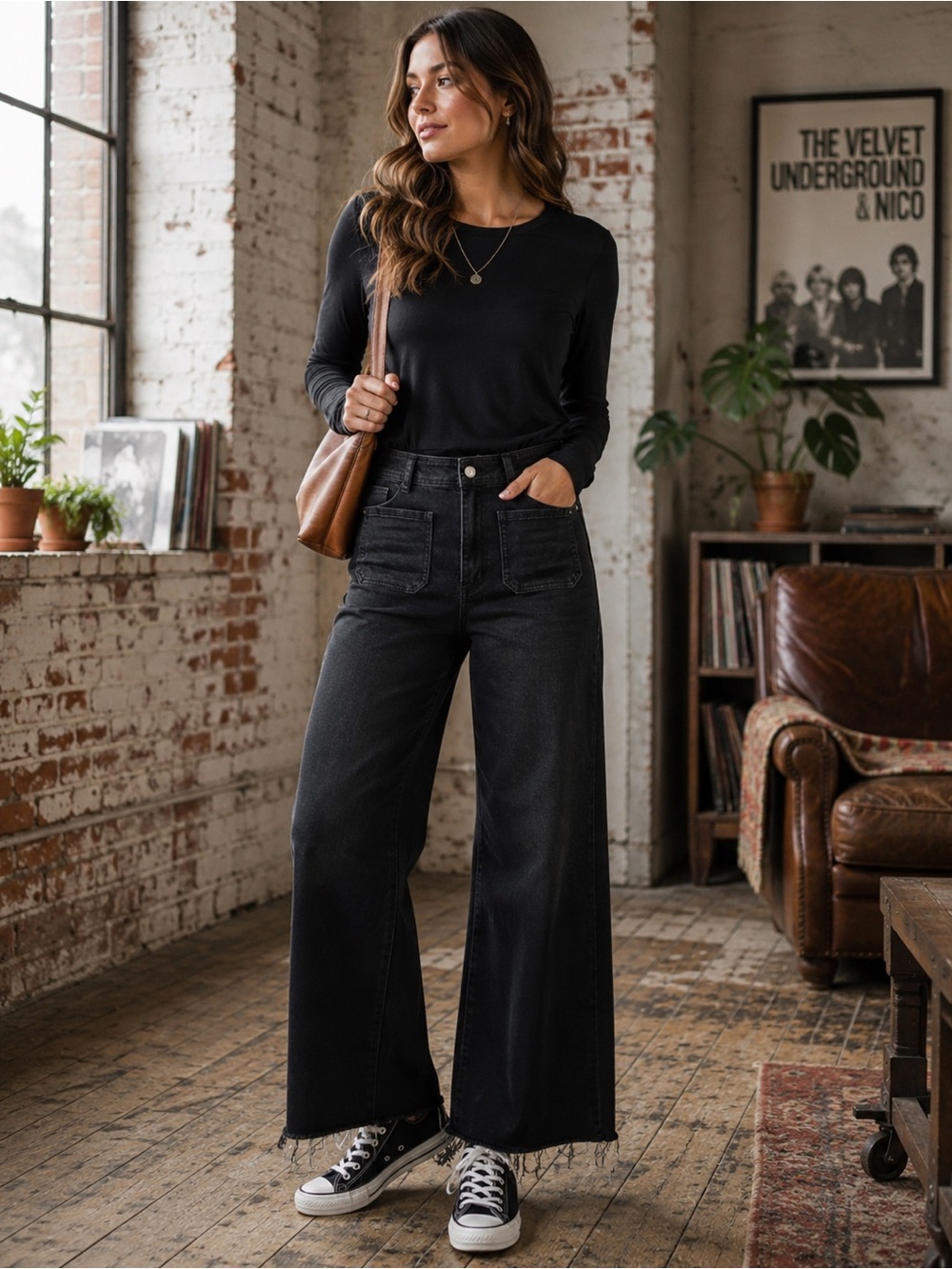 OAT New York High Rise Wide Leg Jeans Black Patch Pocket Raw Hem NWT 12/31